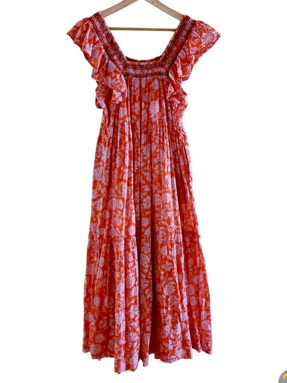 Free People Bonita Printed Midi Dress Coral Floral 100% Cotton Pockets Bohemian - Picture 12 of 17